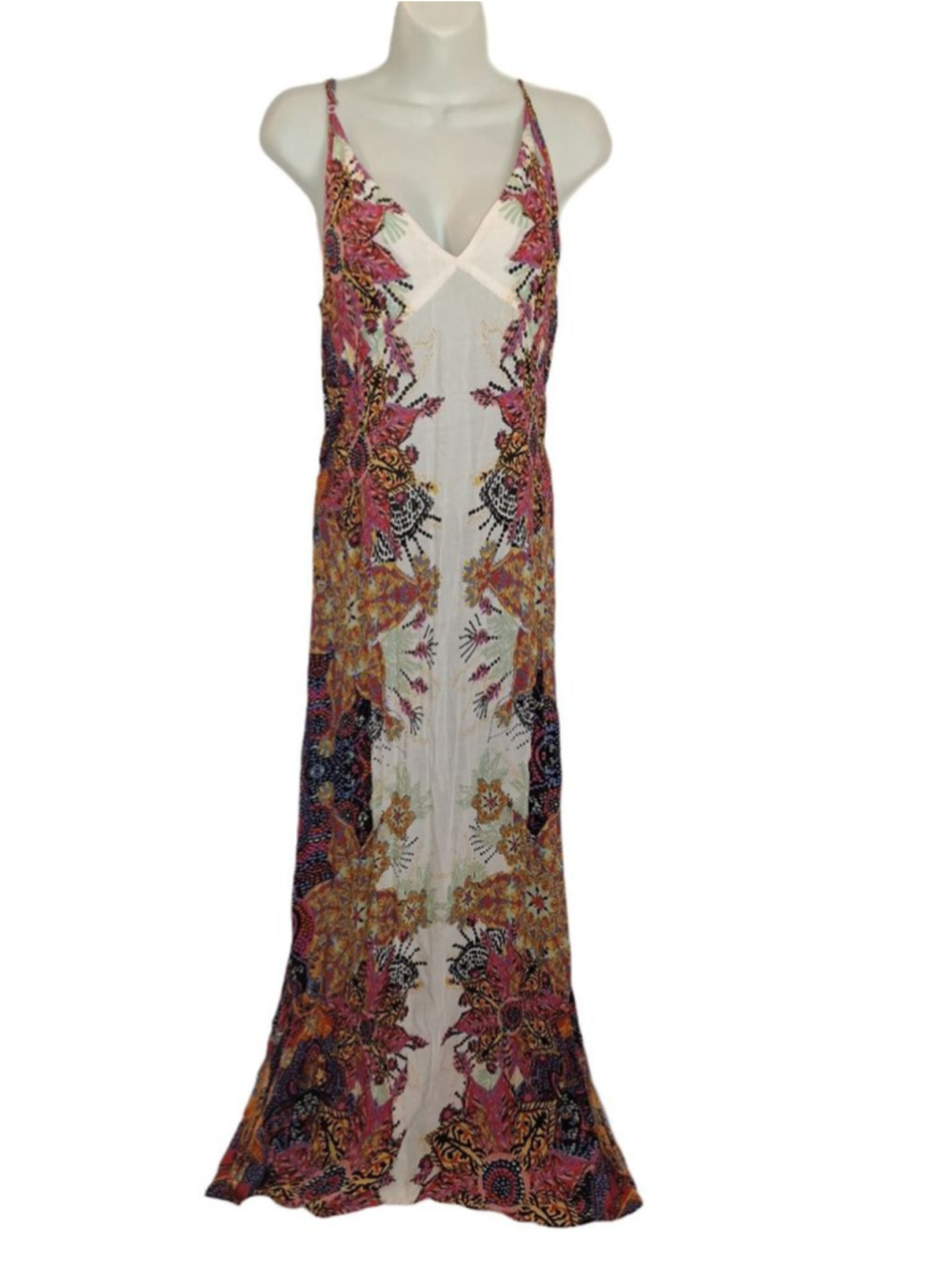 Free People White Maxi Dress with Pink, Orange & Blue Floral Paisley Print